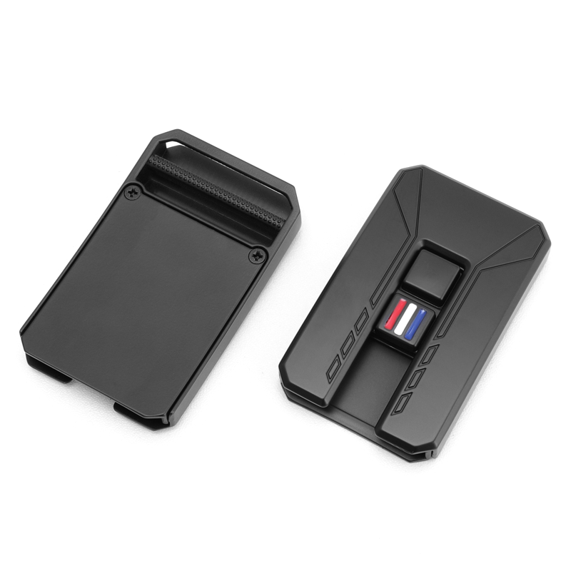 Patented slide buckle with black finish and distinctive logo detail