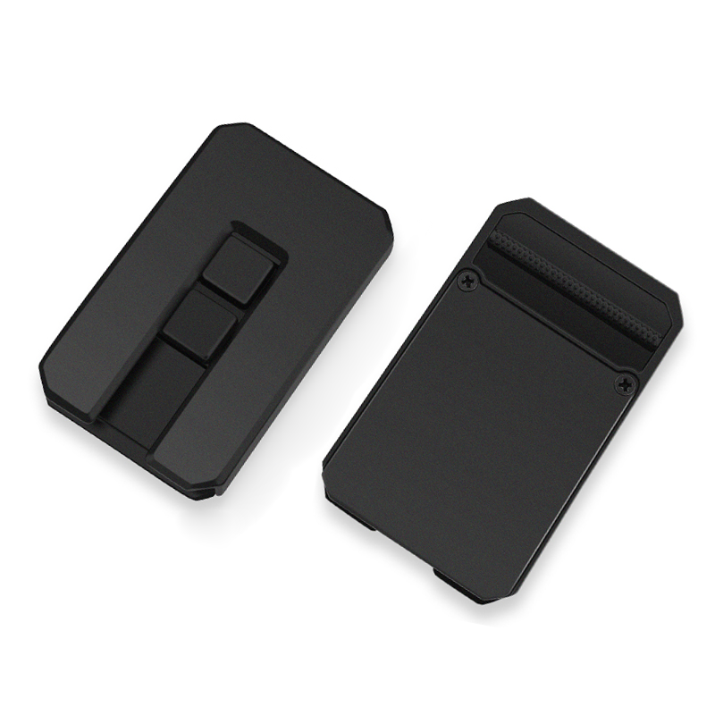 Black patented slide buckle with front and back views