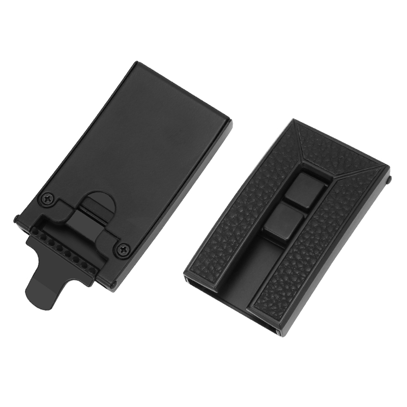 Black slide buckle with detachable tail clip and textured strap connection