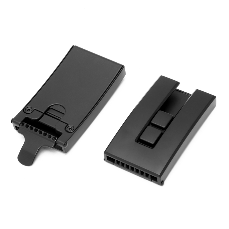 Black slide buckle with detachable tail clip for custom belt designs